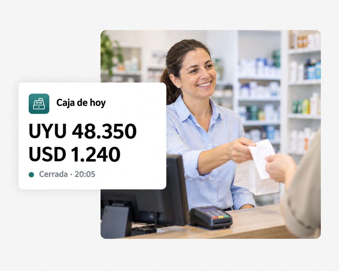 Cajera de un comercio entrega el ticket a un cliente; la tarjeta muestra la caja de hoy cerrada en UYU 48.350 y USD 1.240