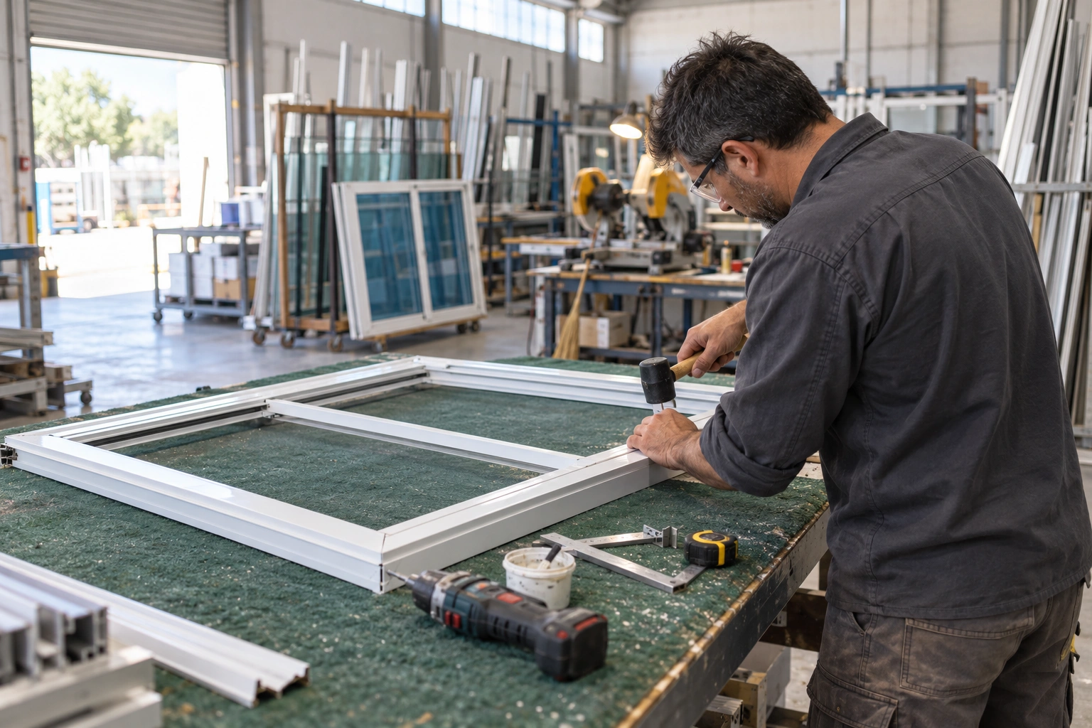 Oficial armando el marco de una ventana de aluminio blanco sobre el banco de armado