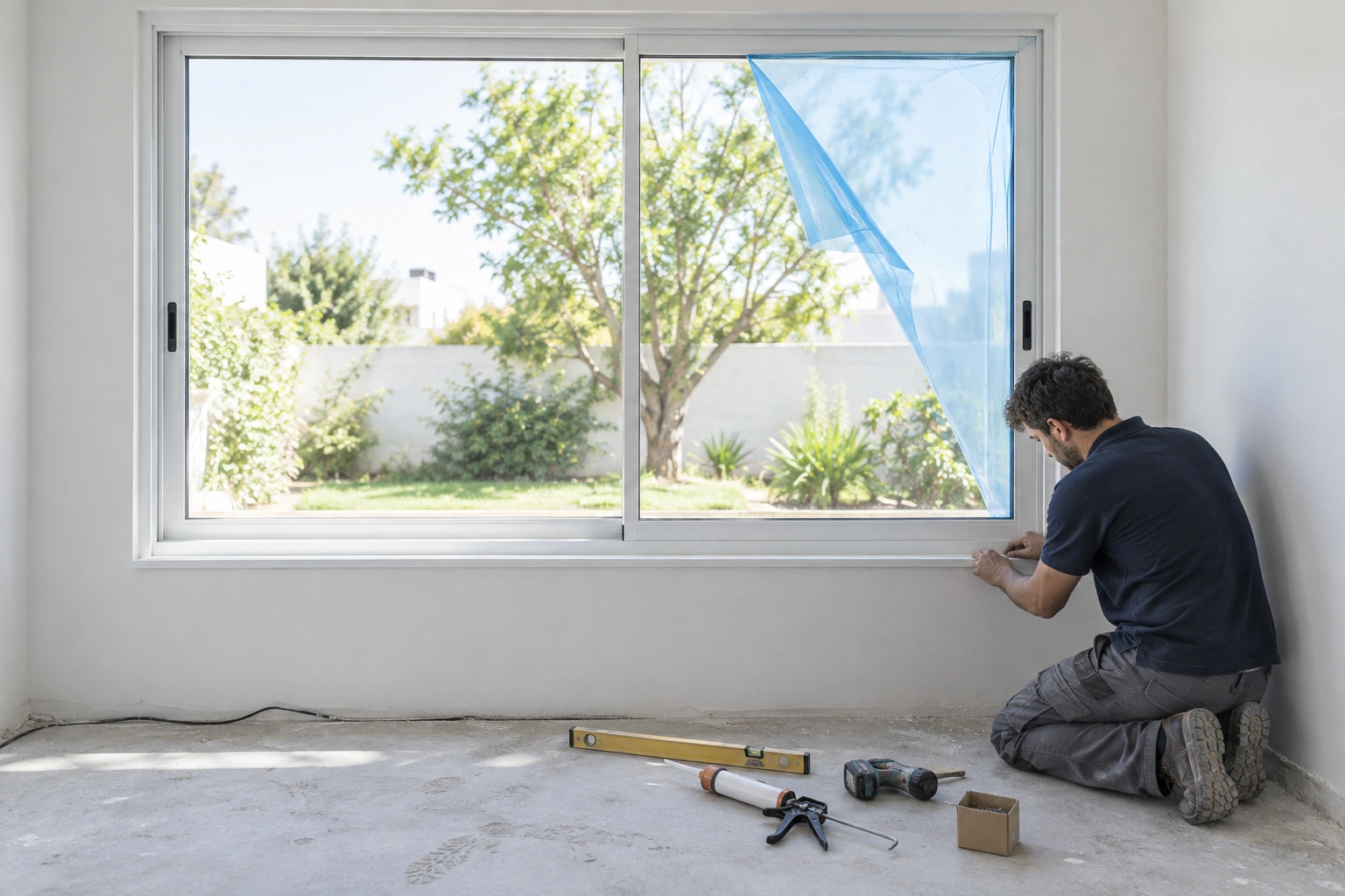 Ventana corrediza de aluminio blanco recién instalada en una casa, con el instalador terminando el sellado