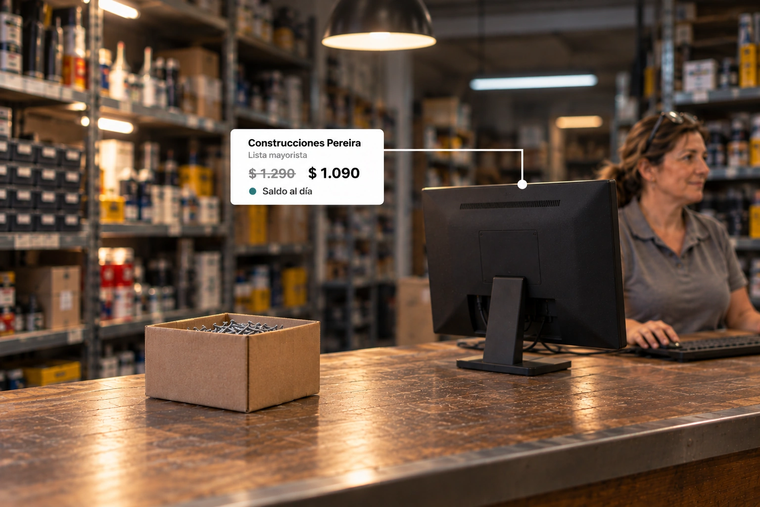 Mostrador de una ferretería en Montevideo: la ficha del cliente con su lista mayorista, su precio y el saldo al día aparece sola en la computadora del local