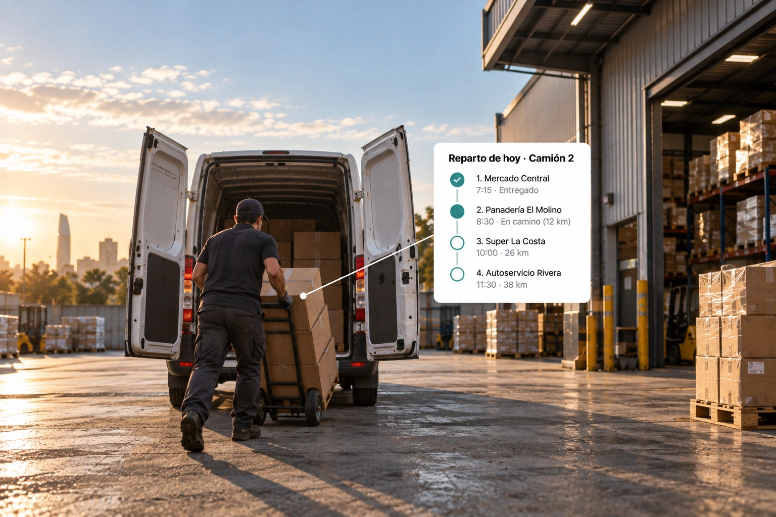 Chofer de una distribuidora en Montevideo carga la camioneta al amanecer; la ficha del reparto muestra las paradas del día en orden con la ruta optimizada