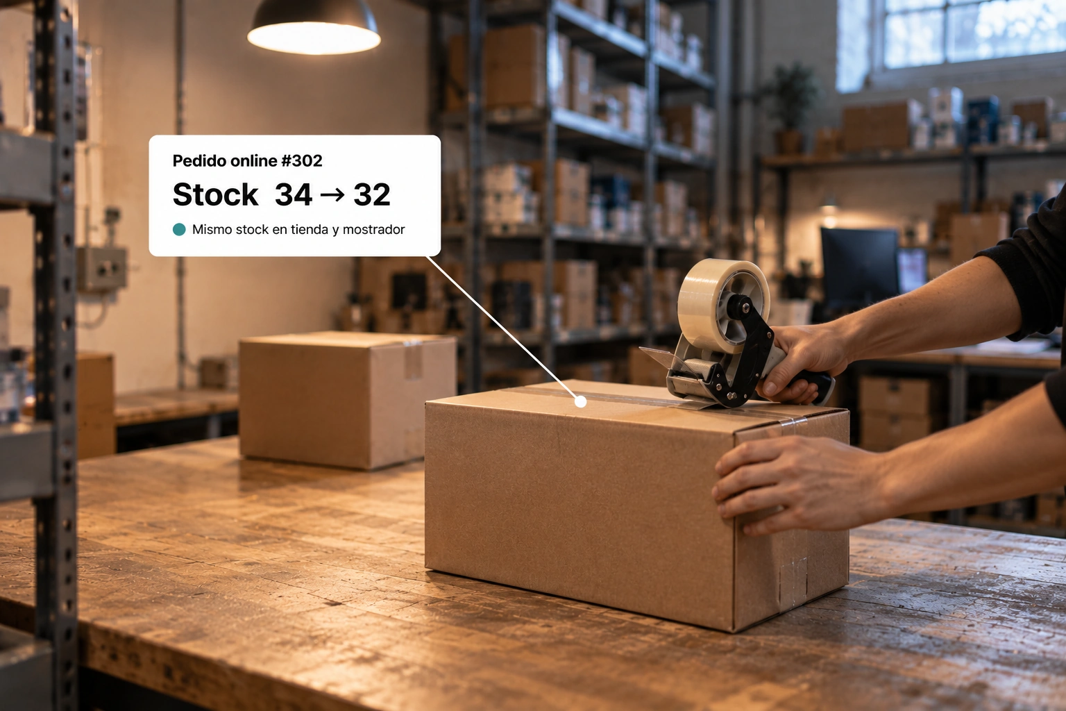 Manos cerrando una caja de un pedido online en el depósito de un comercio; el stock baja de 34 a 32 a la vez para la tienda online y el mostrador