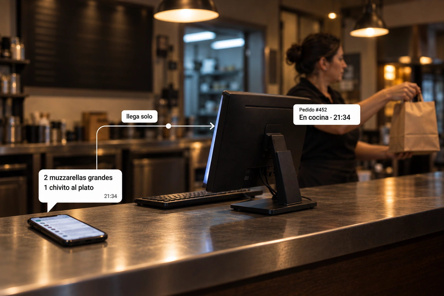 Mostrador de un restaurante en Montevideo: el pedido de WhatsApp llega solo a la computadora del local como Pedido #452, sin que nadie atienda el celular