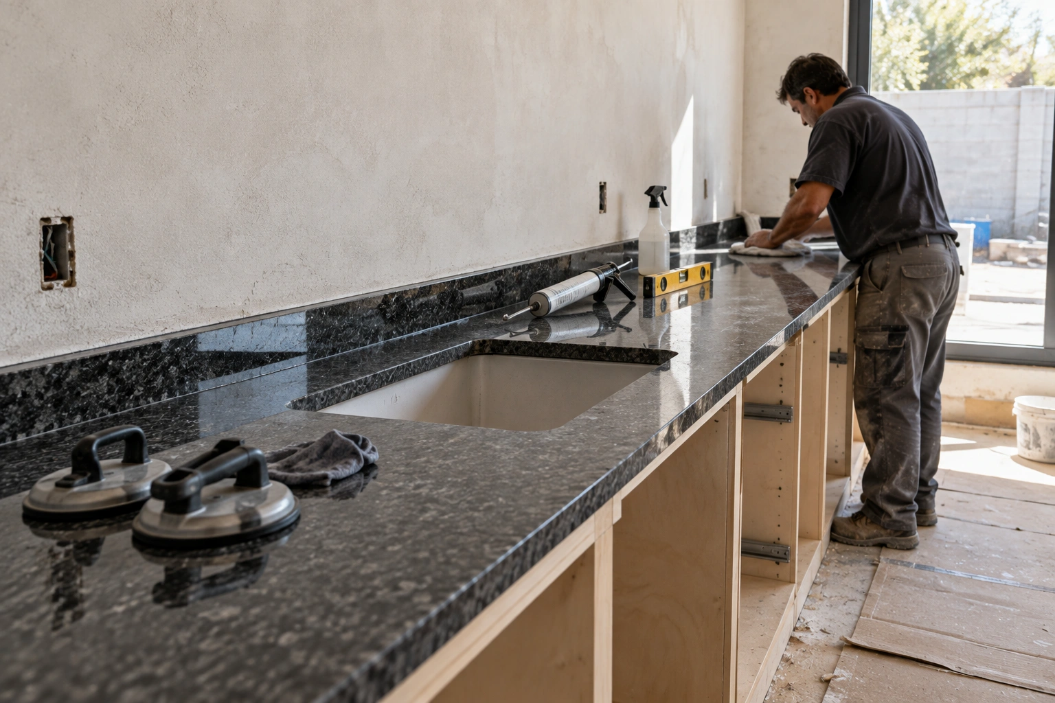 Mesada de granito recién colocada en una cocina en obra, con el instalador terminando la limpieza