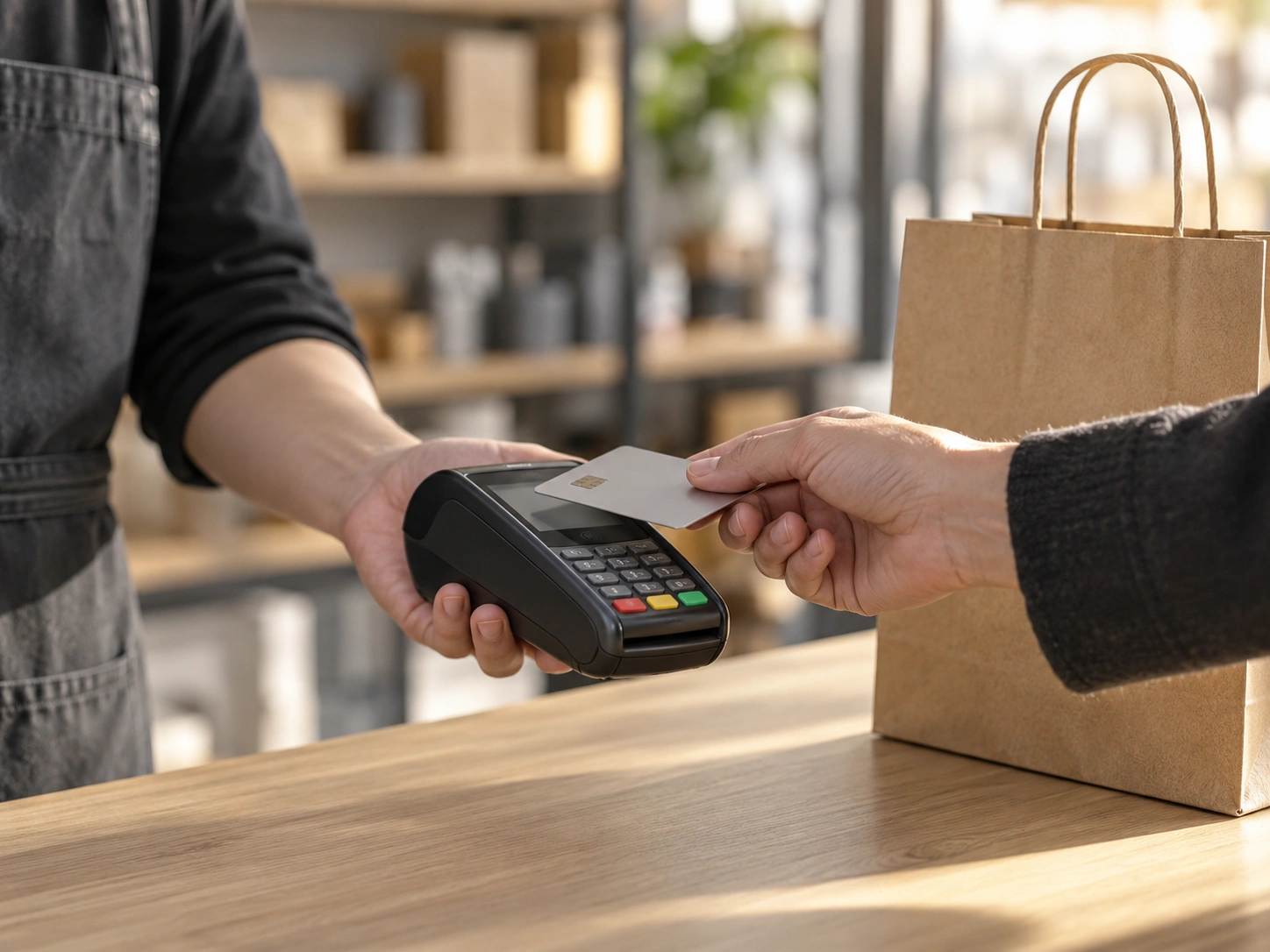 Cliente apoyando la tarjeta en un terminal de pago sobre el mostrador de una tienda