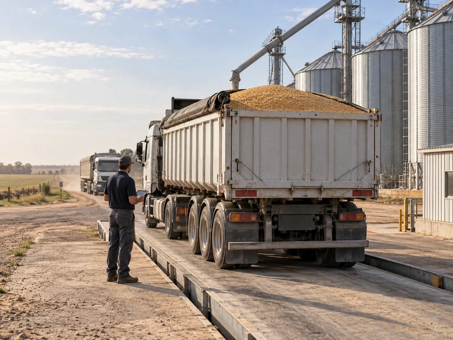 Camión con acoplado cargado de grano en la balanza de un establecimiento, con los silos al costado
