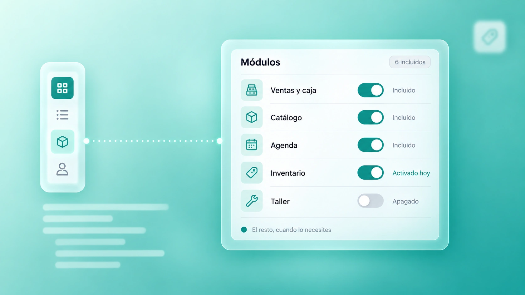 Panel de módulos de Avora: Ventas y caja, Catálogo y Agenda incluidos, Inventario activado hoy y Taller apagado